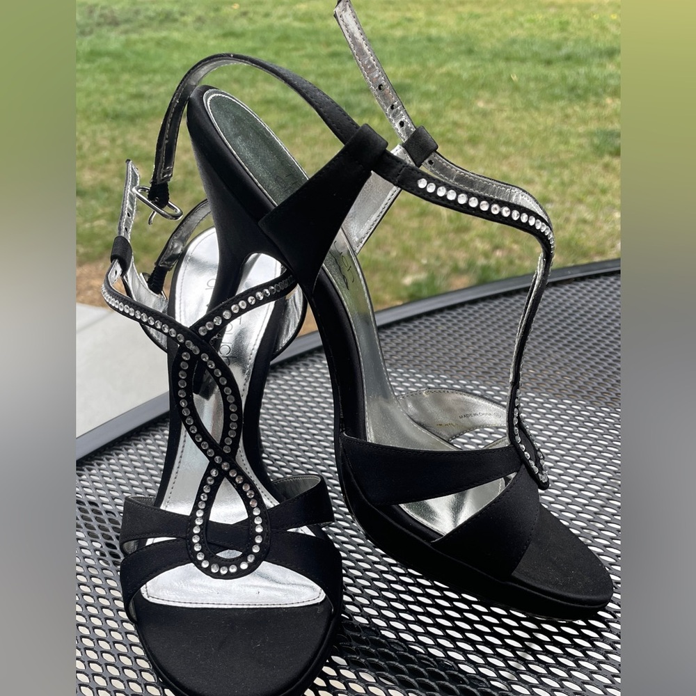 Touch of Nina Black and Silver Rhinestone T-Strap Heels